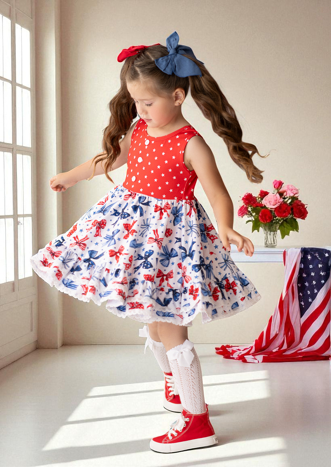 Baby Toddler Girls Red Stars & Bows Twirl Dress