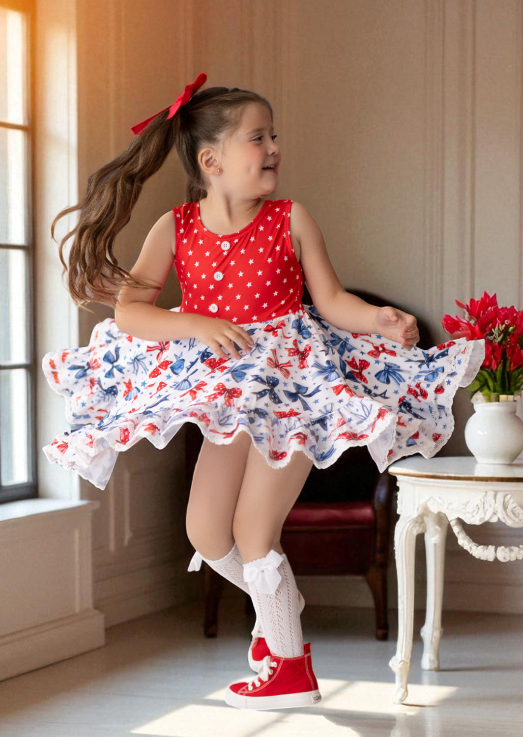 Baby Toddler Girls Red Stars & Bows Twirl Dress