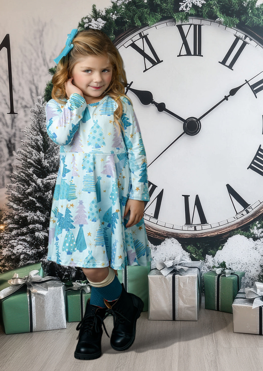 Toddler Girl Christmas Twirl Dress in Blue