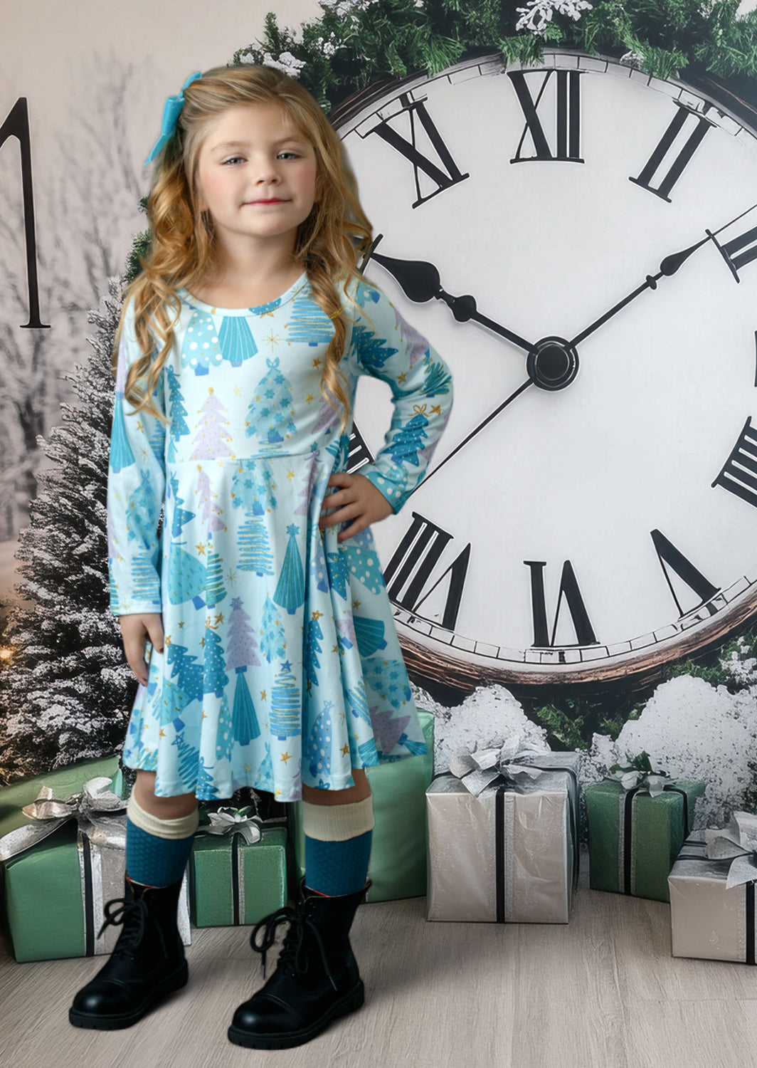 Toddler Girl Christmas Twirl Dress in Blue