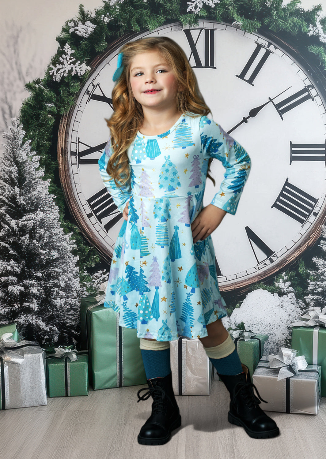 Toddler Girl Christmas Twirl Dress in Blue