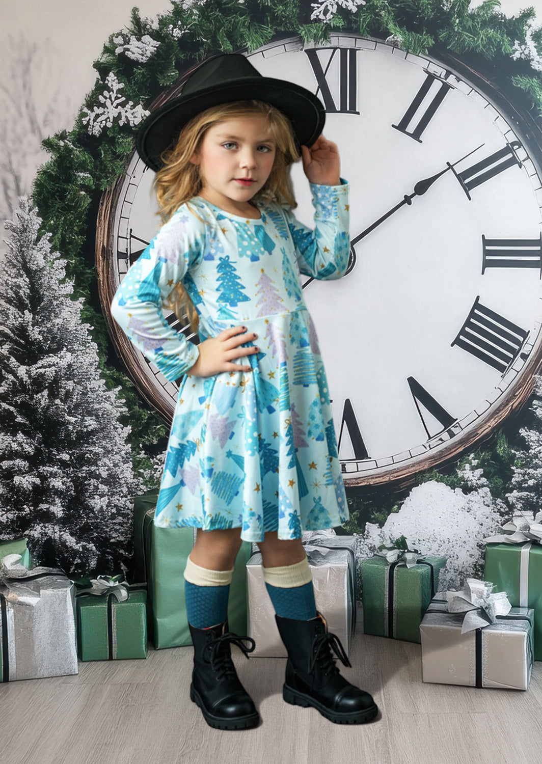 Toddler Girl Christmas Twirl Dress in Blue