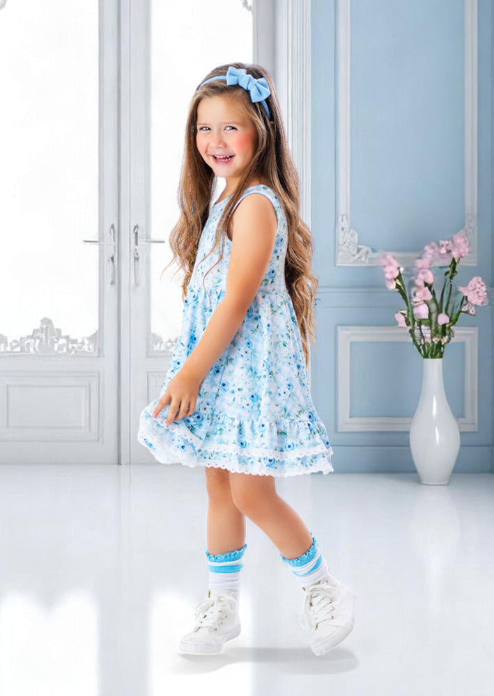 Toddler Girl Field of Roses Blue Twirl Dress