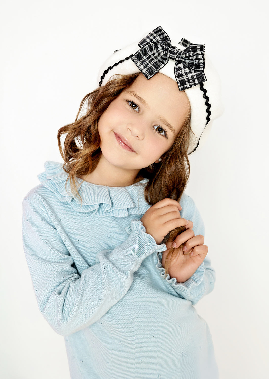 Toddler Girls Handknit Ruffle Neck Pullover Sweater in Blue