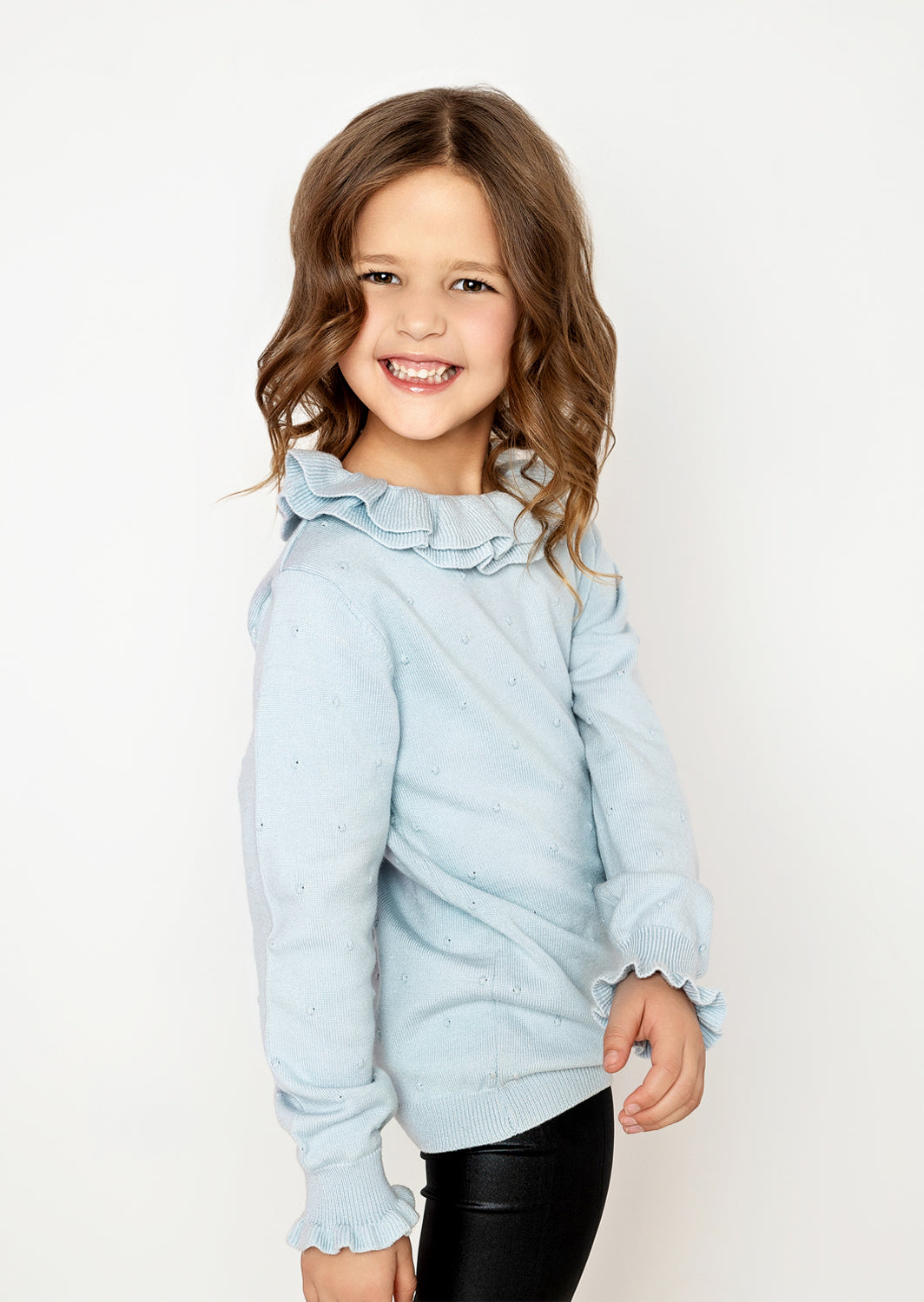 Toddler Girls Handknit Ruffle Neck Pullover Sweater in Blue