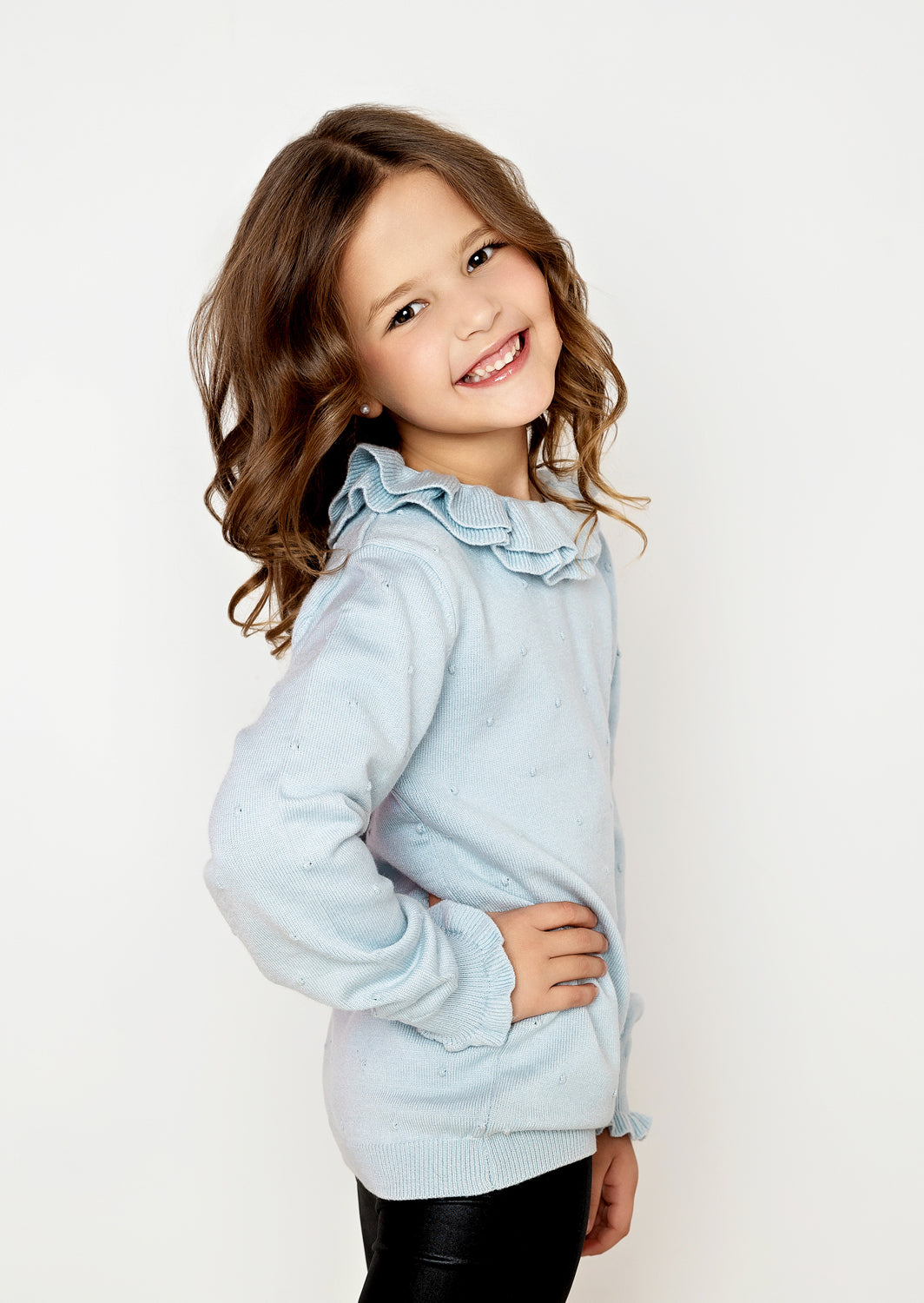 Toddler Girls Handknit Ruffle Neck Pullover Sweater in Blue
