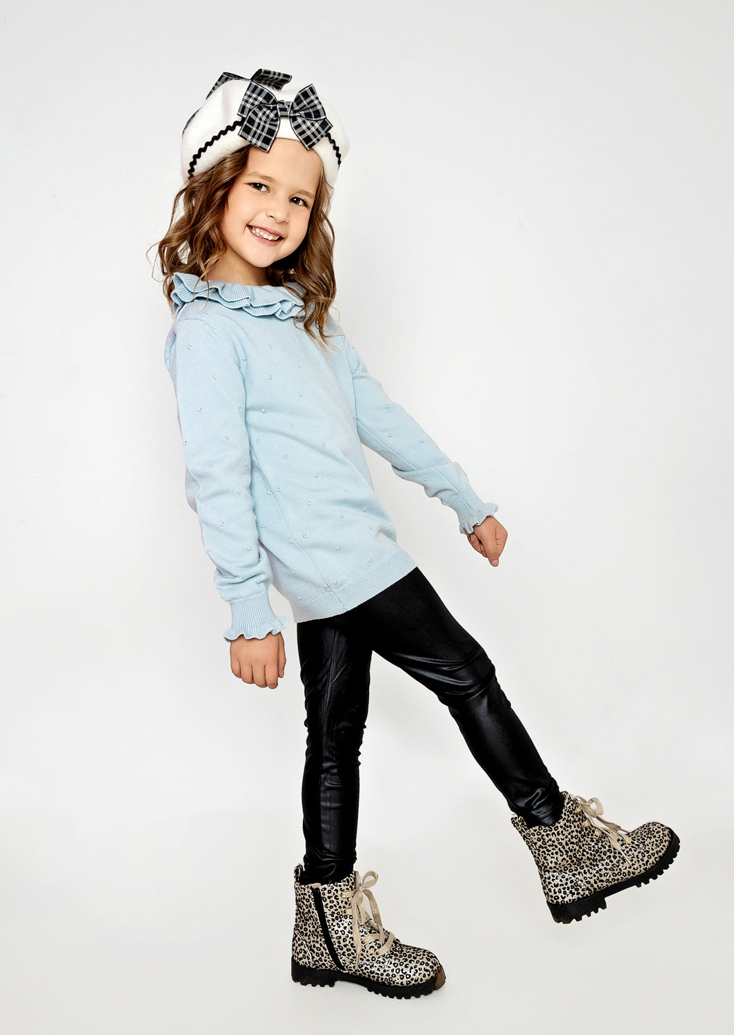Toddler Girls Handknit Ruffle Neck Pullover Sweater in Blue