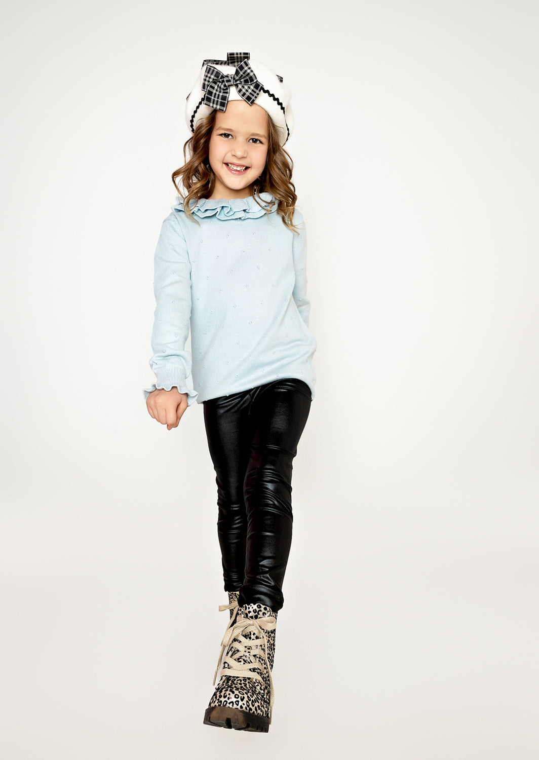 Toddler Girls Handknit Ruffle Neck Pullover Sweater in Blue