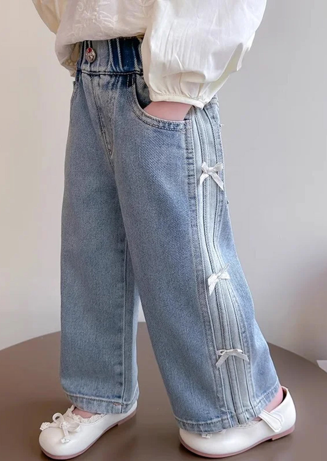Loose Fit Bow Trim Jeans | Faded Blue Denim