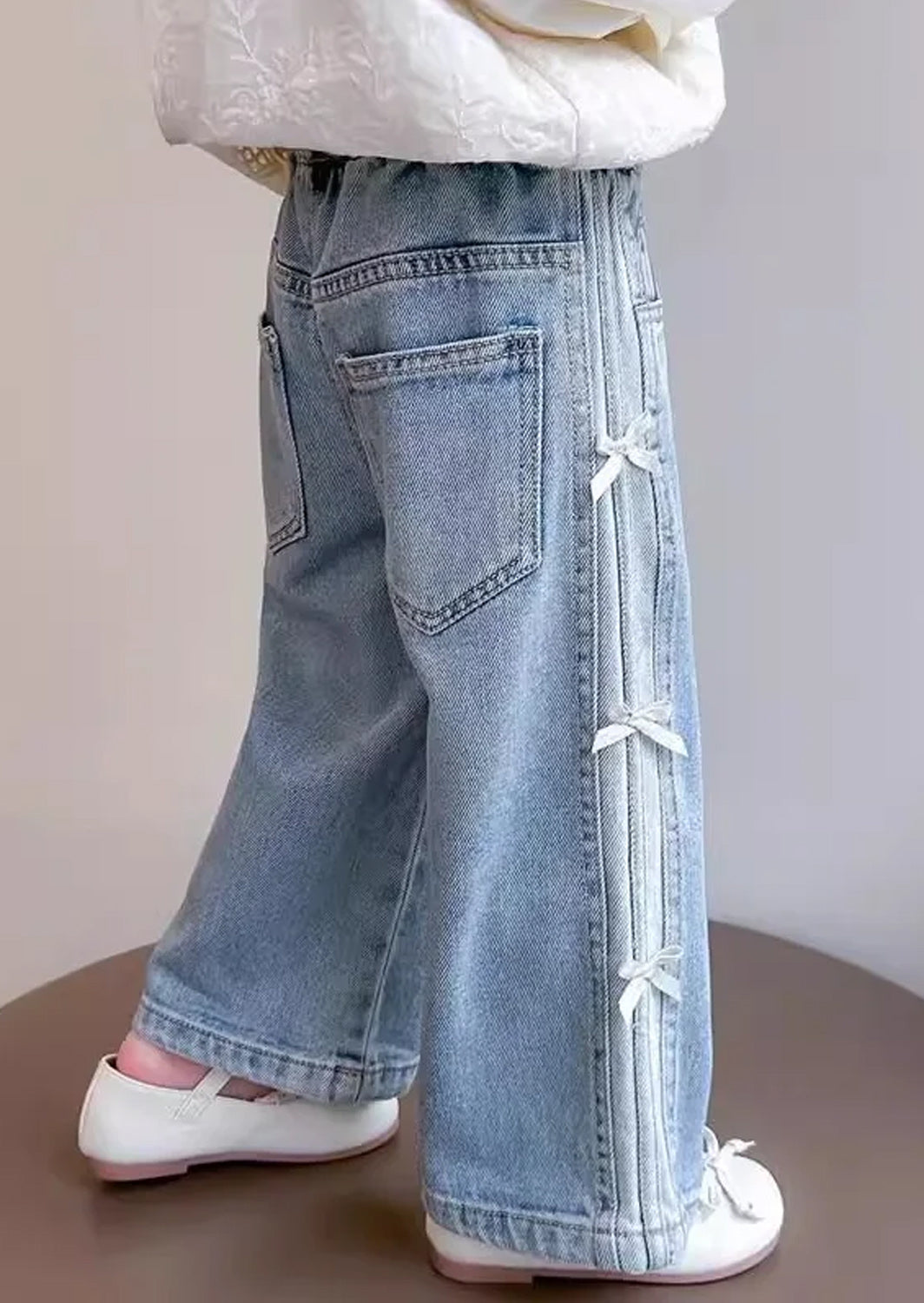 Loose Fit Bow Trim Jeans | Faded Blue Denim