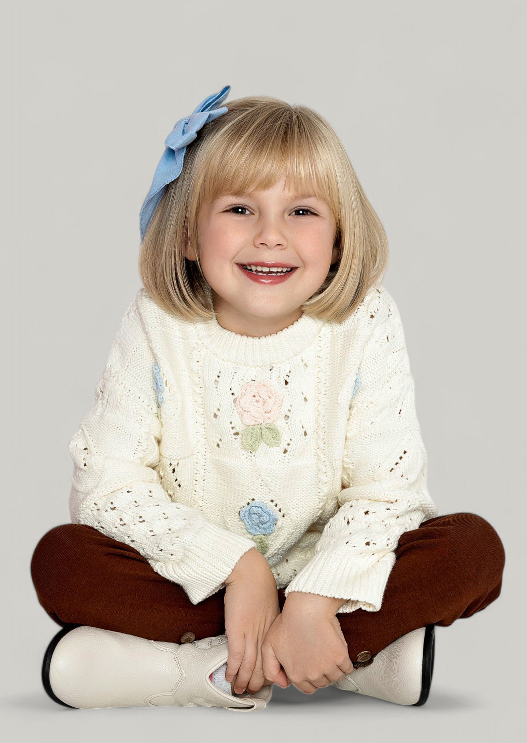 Little Girl Handknit Crochet Flowers Girls Pullover Sweater in Cream