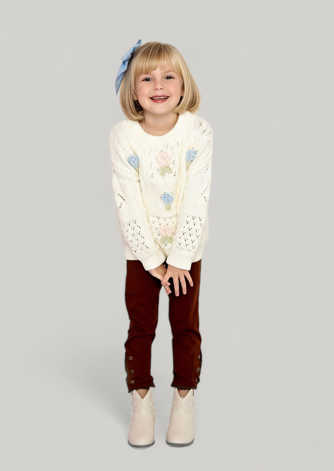 Little Girl Handknit Crochet Flowers Girls Pullover Sweater in Cream