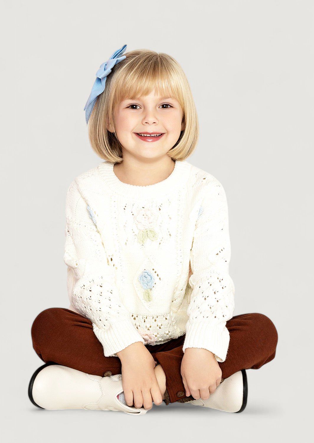 Girls Handknit Crochet Flowers Girls Pullover Sweater in Cream