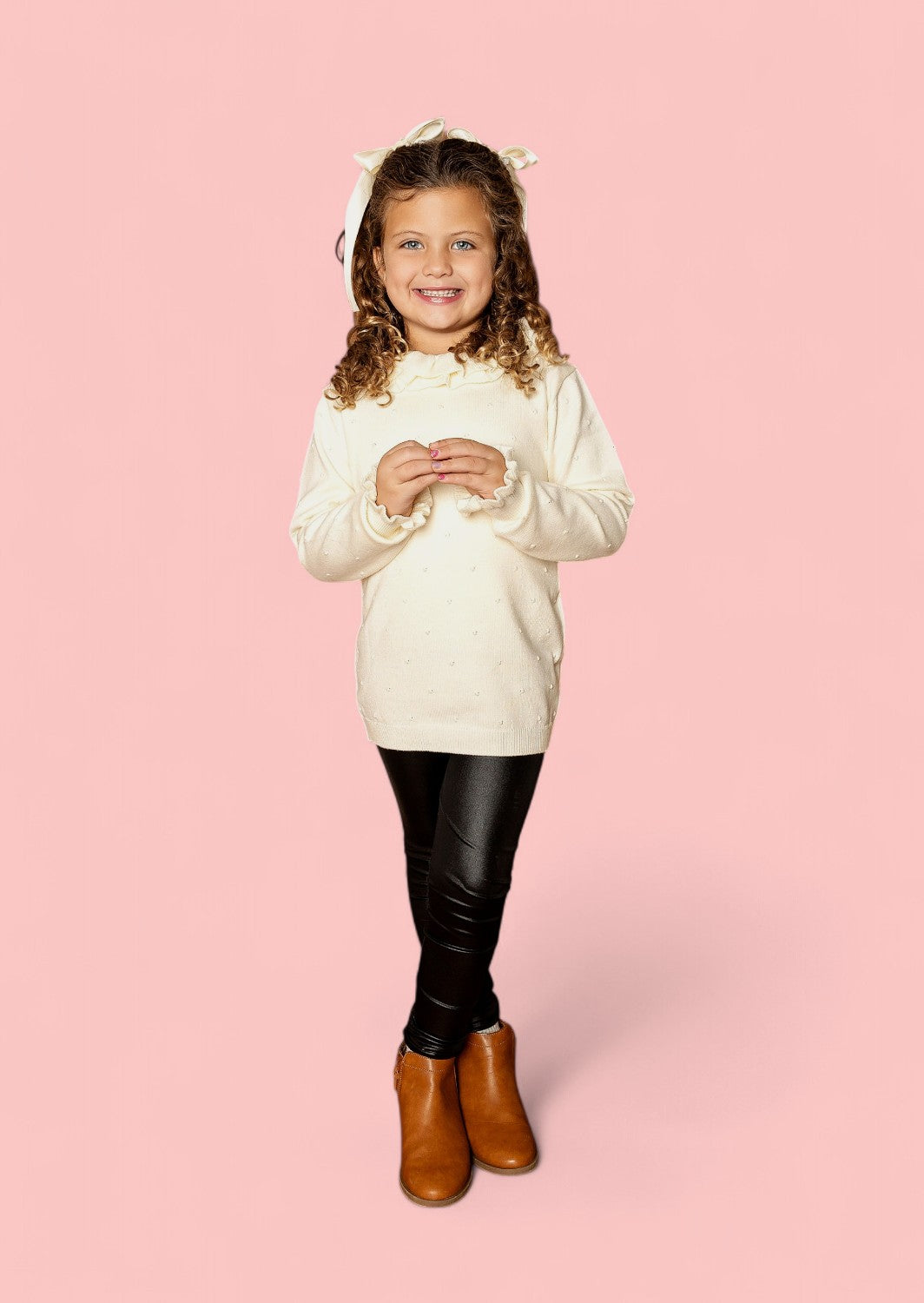 Handknit Ruffle Neck Toddler Girls Pullover Sweater in Cream