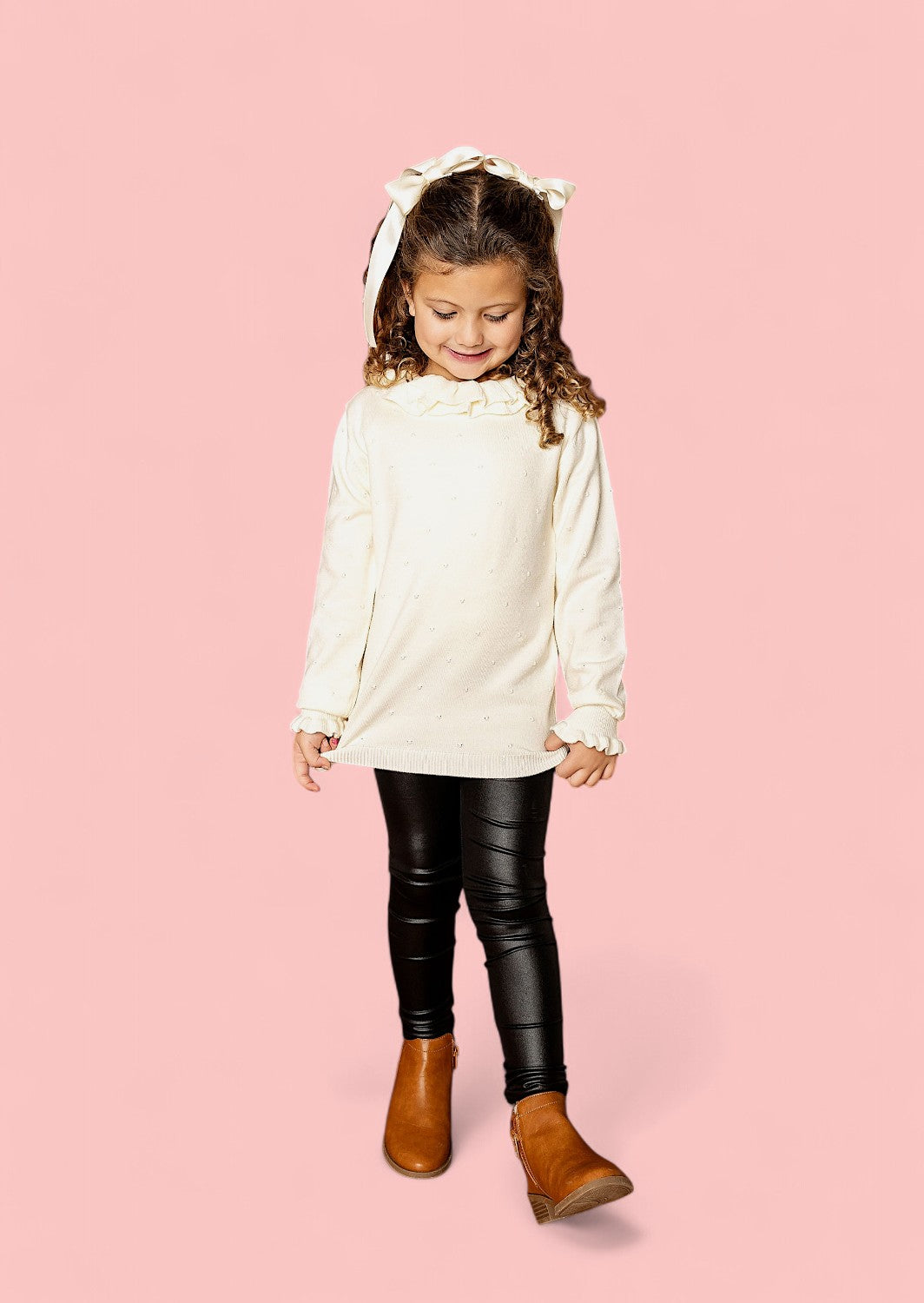 Handknit Ruffle Neck Toddler Girls Pullover Sweater in Cream