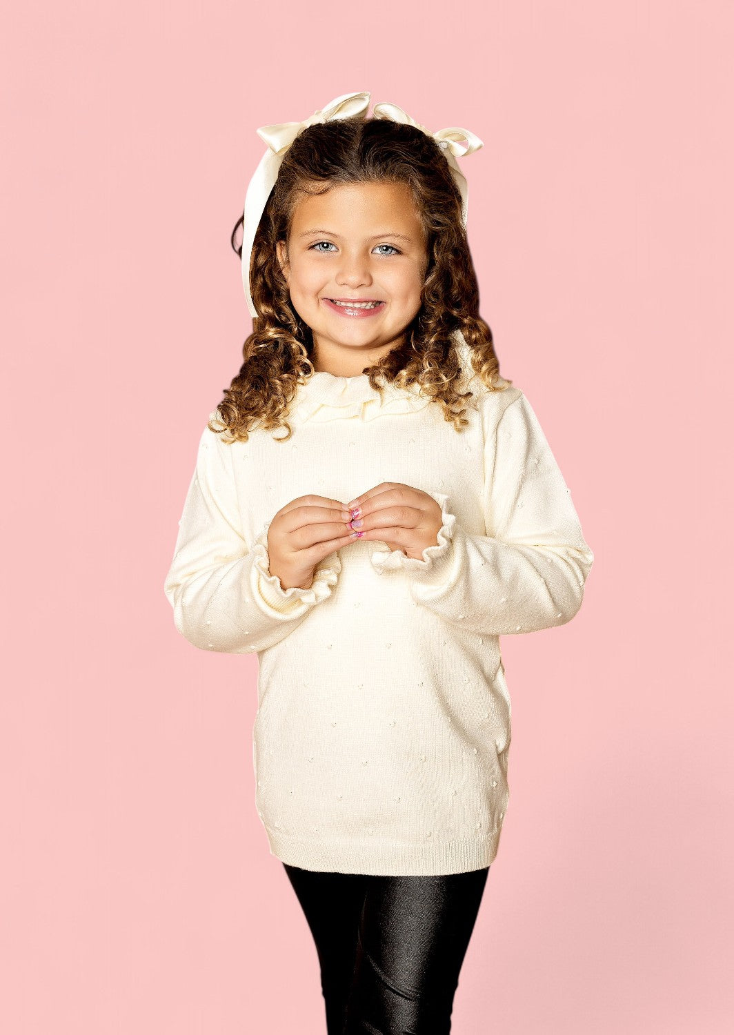Handknit Ruffle Neck Toddler Girls Pullover Sweater in Cream