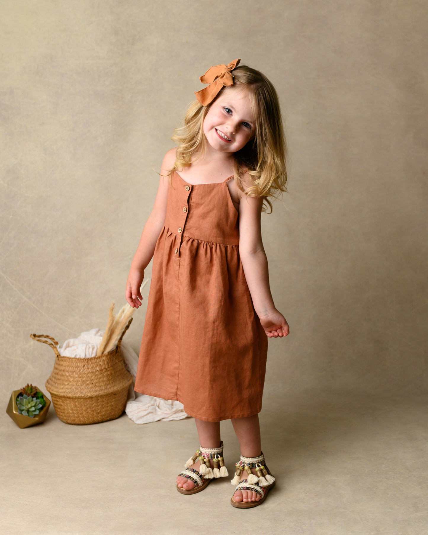 Girls Brown Linen Cami Dress