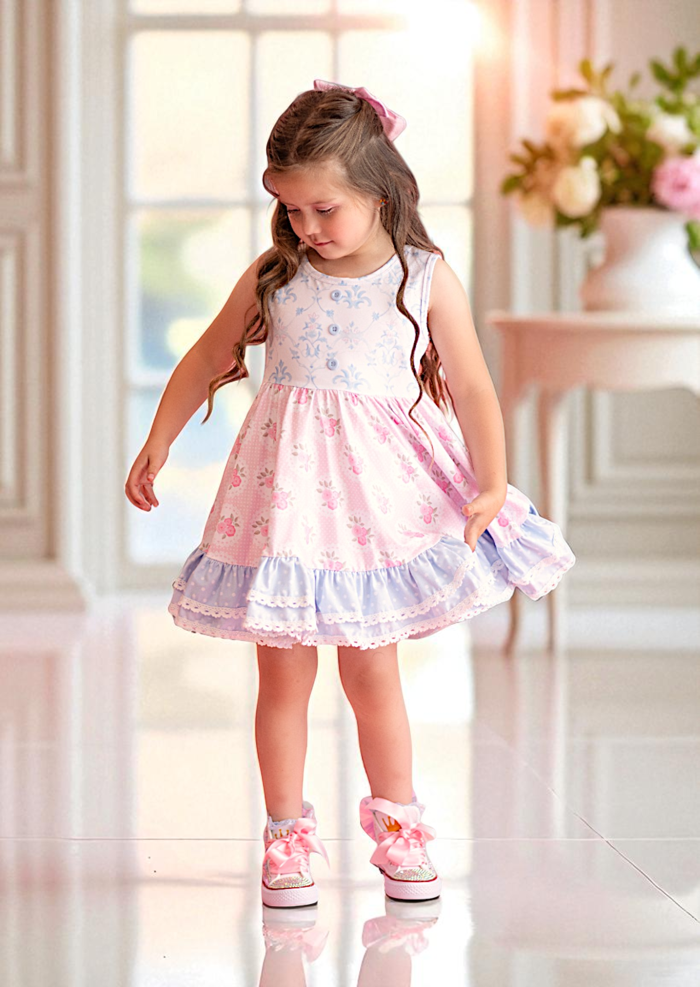 Tiffany Blue & Pink Rose Toddler Girl Twirl Dress