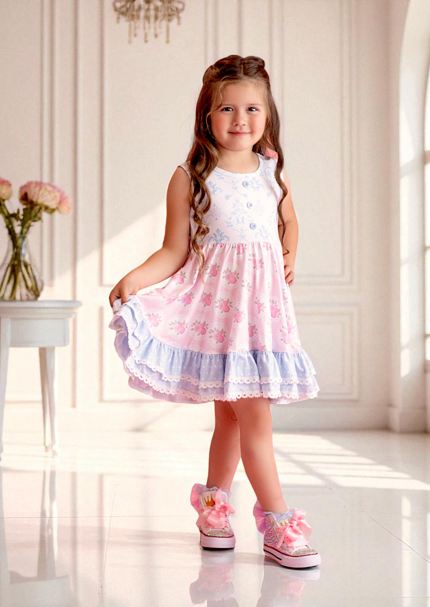 Tiffany Blue & Pink Rose Toddler Girl Twirl Dress