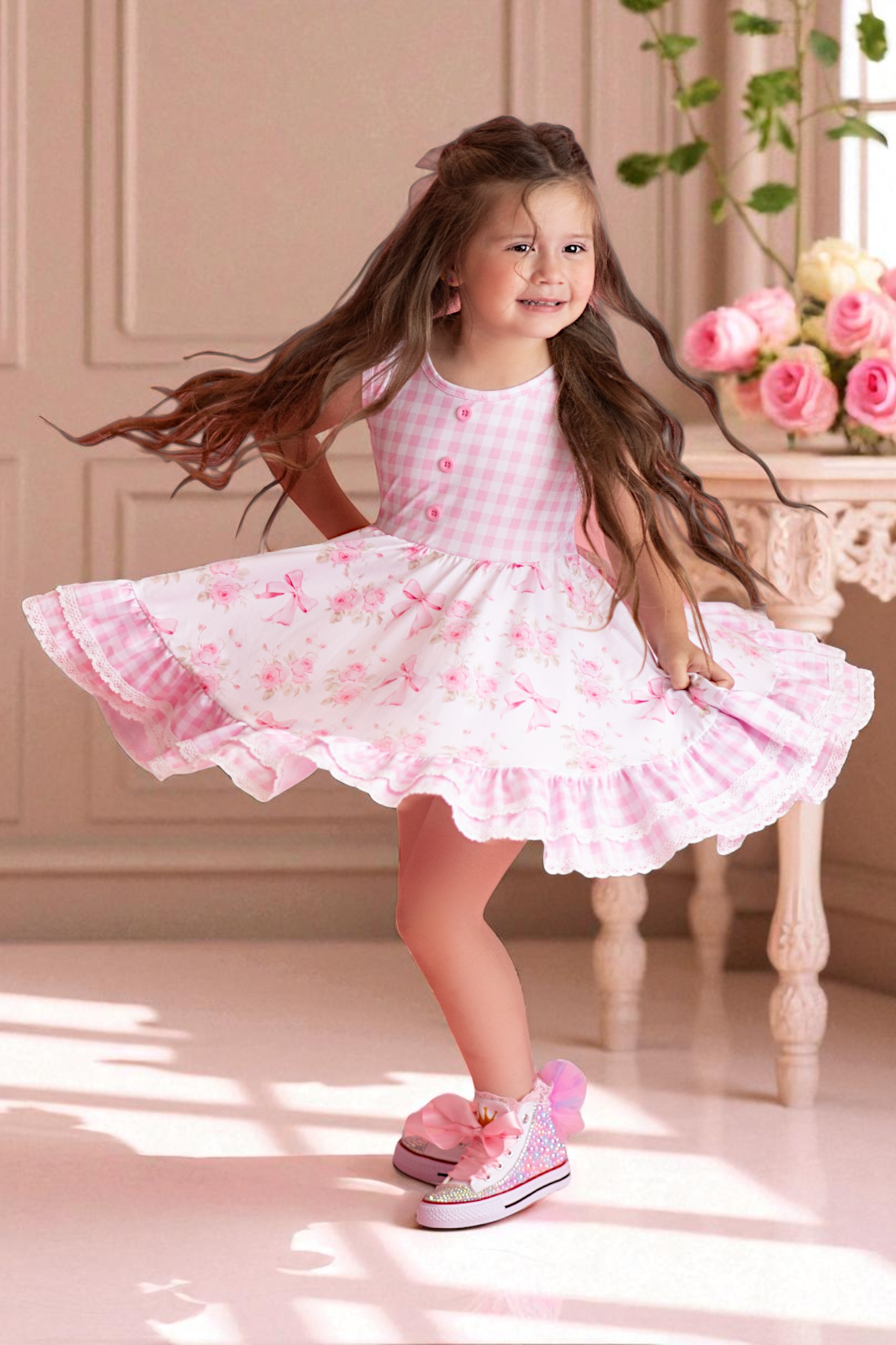 Baby Toddler & Girls Pink Ribbon Rose Twirl Dress