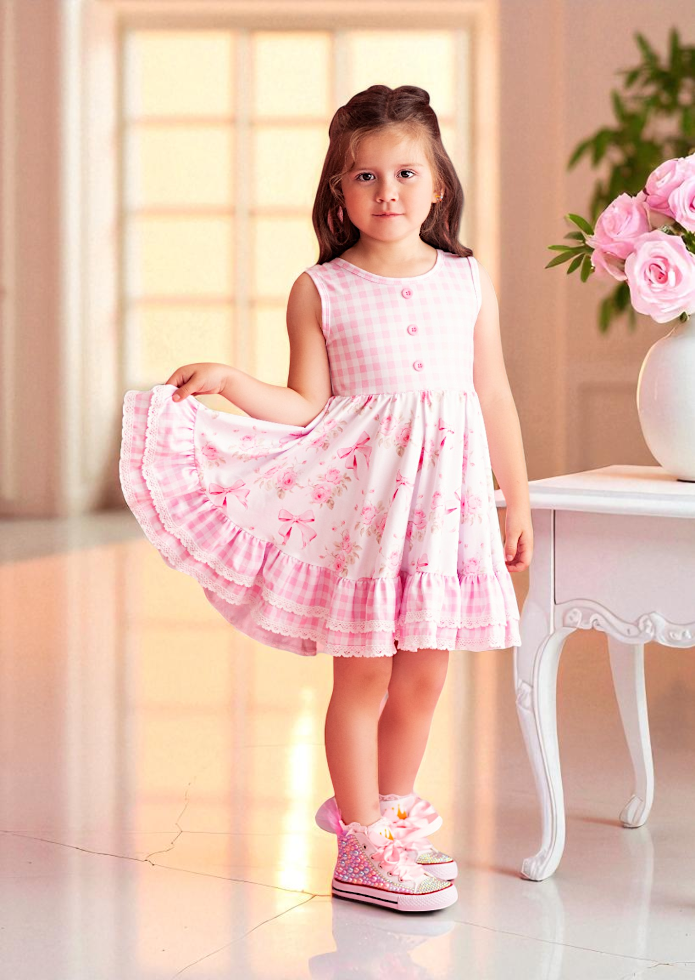 Baby Toddler & Girls Pink Ribbon Rose Twirl Dress