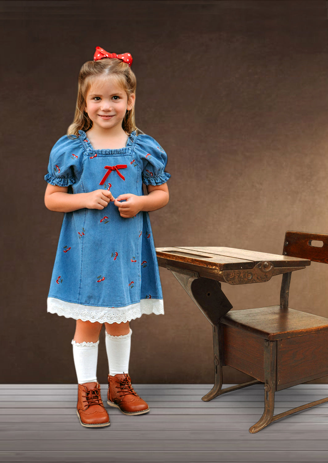 Mushrooms Dress | Blue Denim with Red