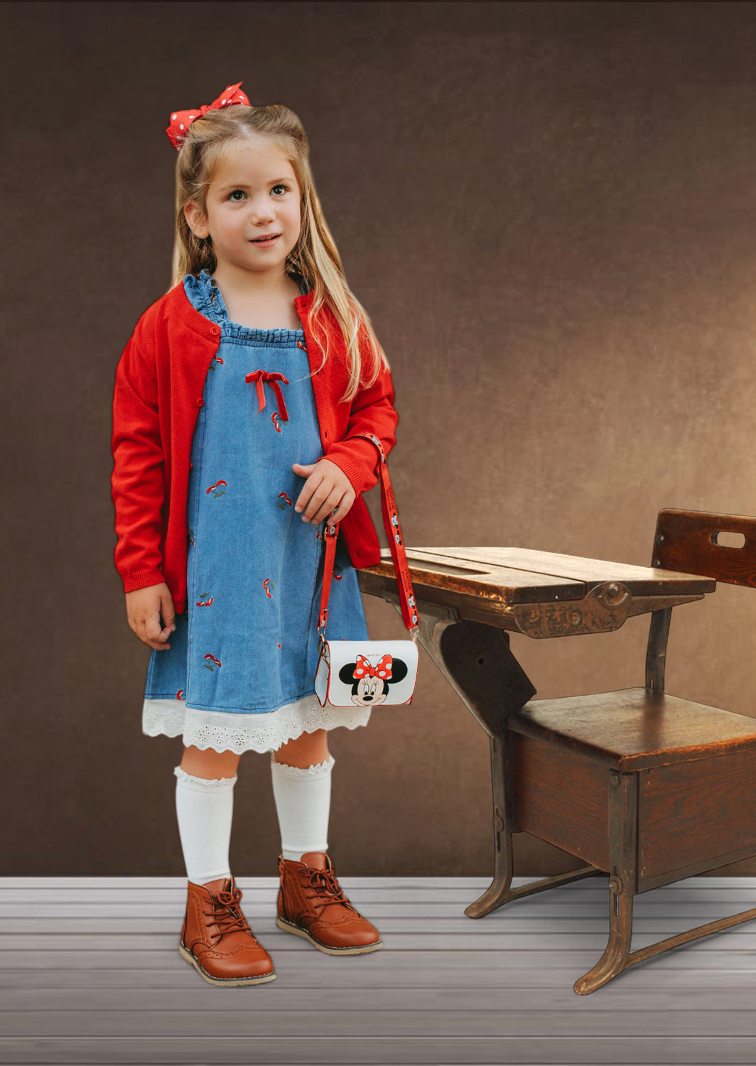 Mushrooms Dress | Blue Denim with Red