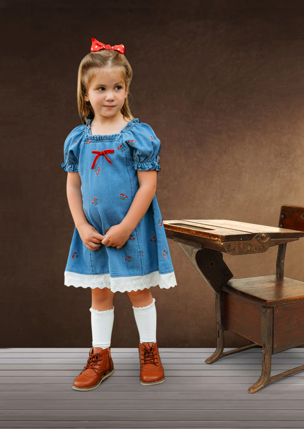 Mushrooms Dress | Blue Denim with Red