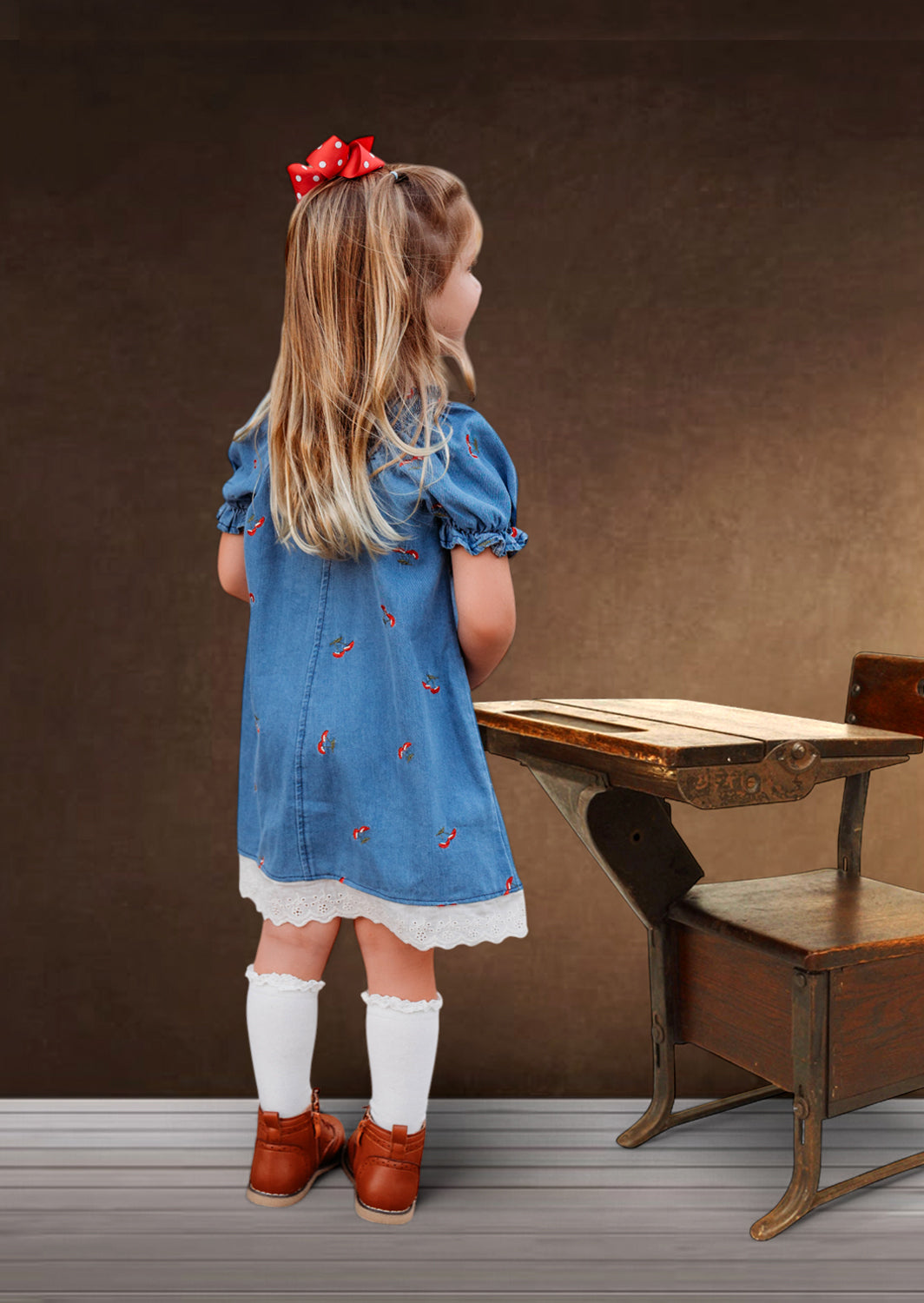 Mushrooms Dress | Blue Denim with Red