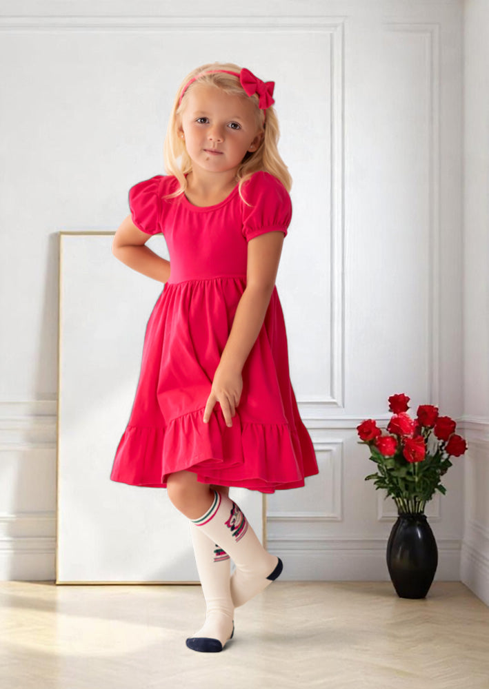 Puff Sleeve Toddler Girl Twirl Dress in Fuchsia