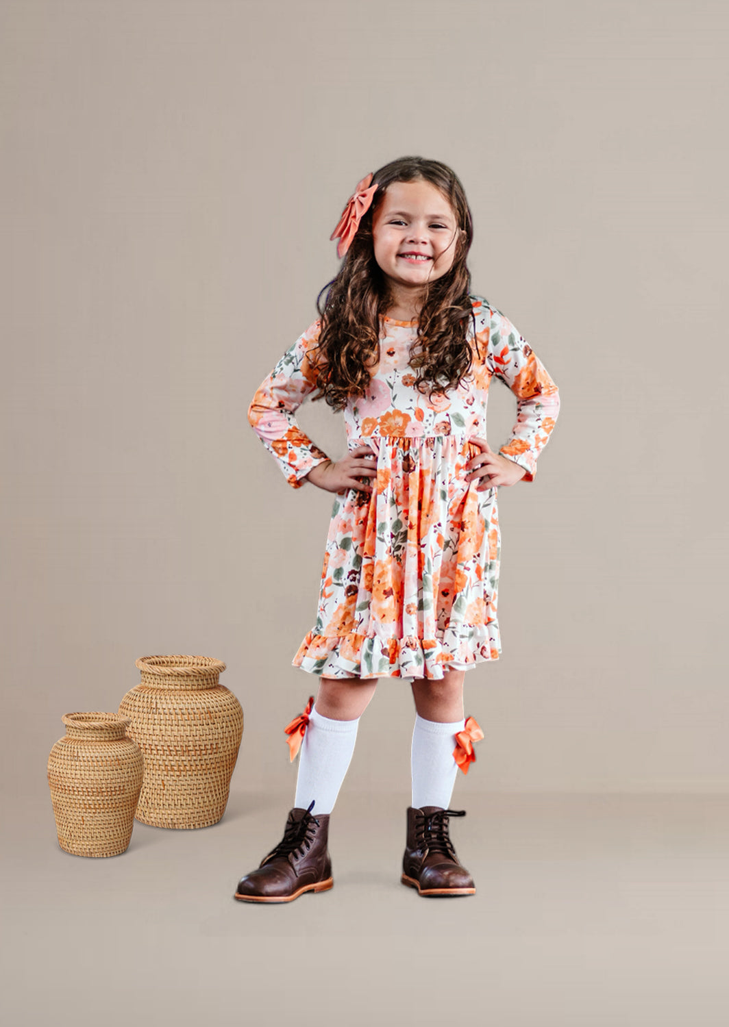 Kaira Fall Floral Twirl Dress | Brown Orange