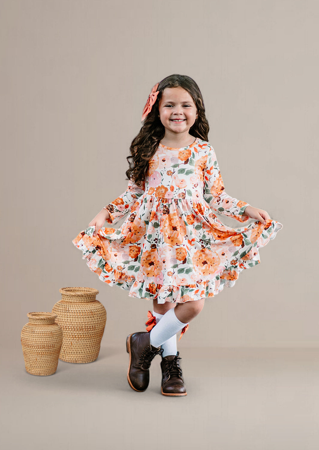 Kaira Fall Floral Twirl Dress | Brown Orange