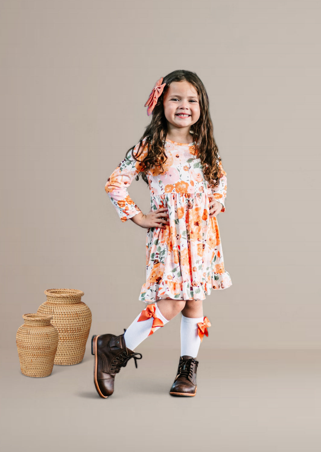 Kaira Fall Floral Twirl Dress | Brown Orange