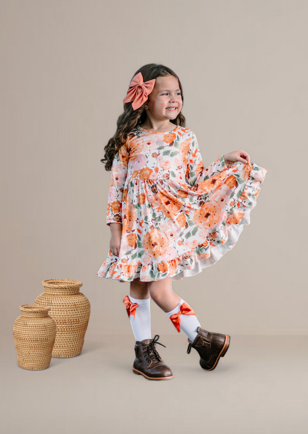 Kaira Fall Floral Twirl Dress | Brown Orange