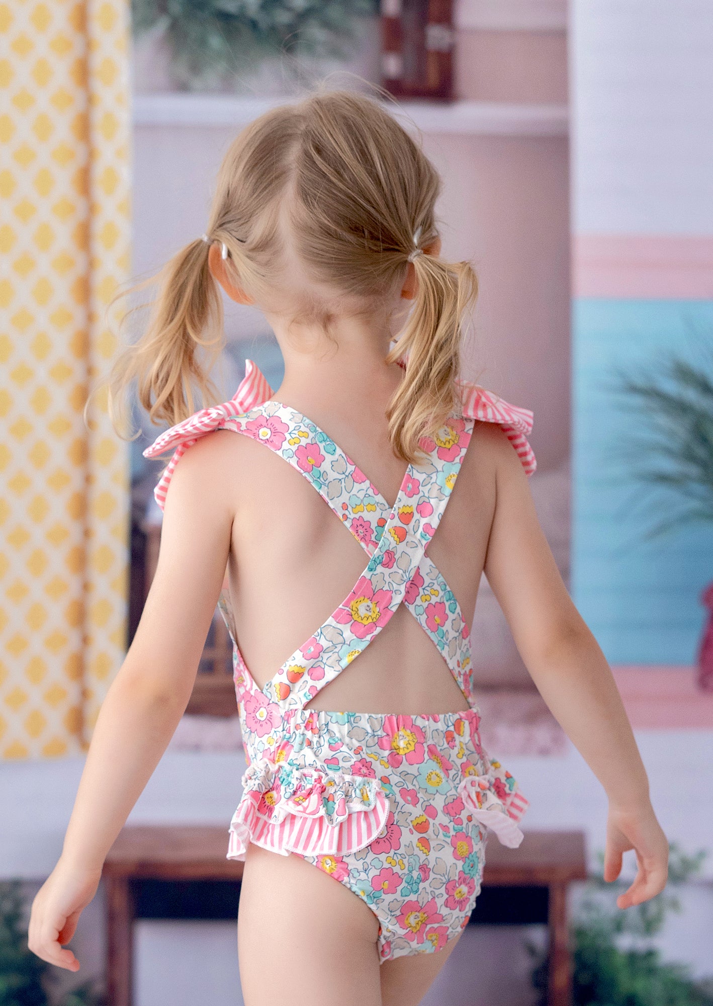 Toddler & Girls Pink Floral Swimsuit – Ruffles, Bows & Open Back