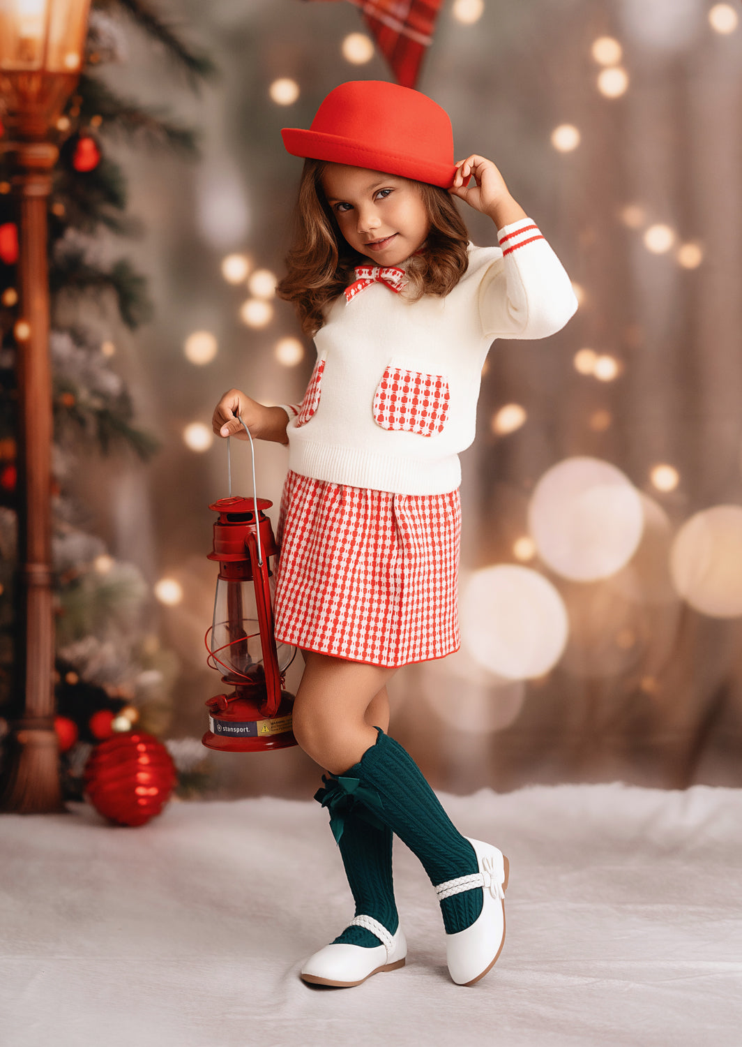 Check Pocket Sweater with Skirt Set