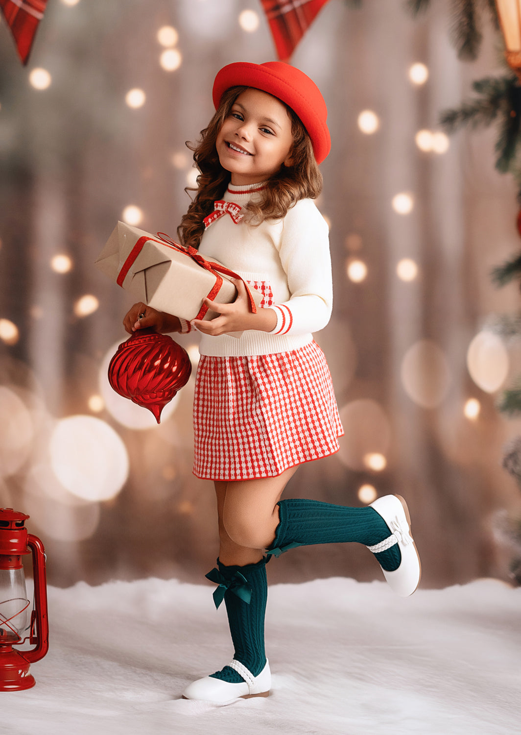 Check Pocket Sweater with Skirt Set