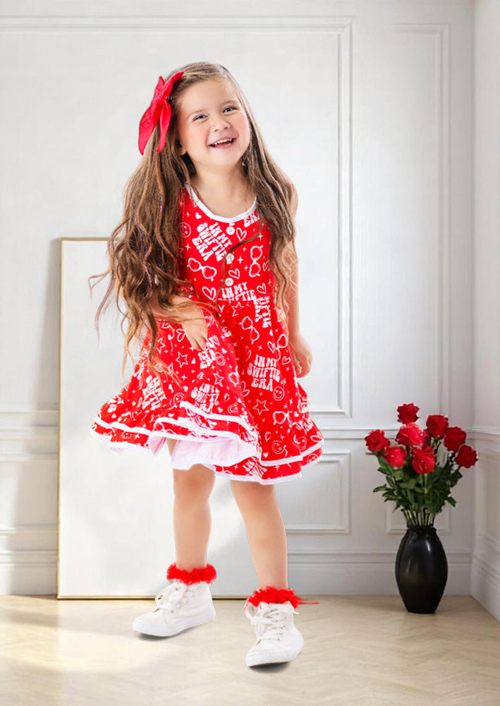 Toddler Girl Swiftie Era Twirl Dress in Red