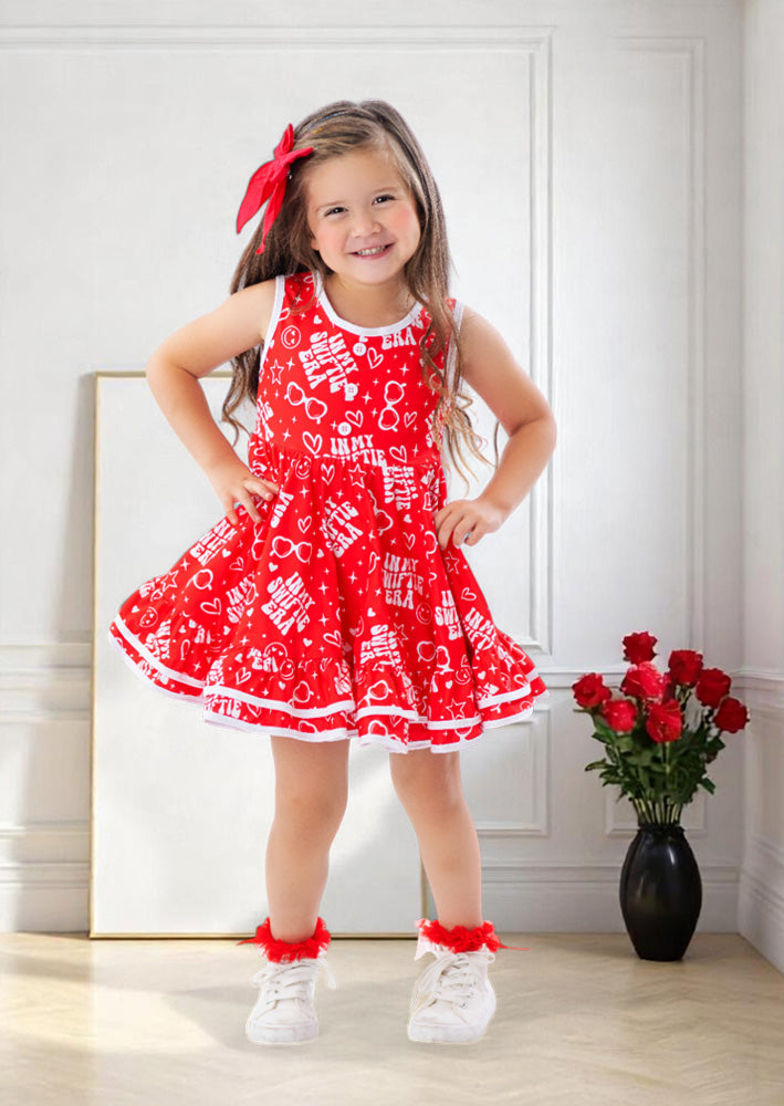 Toddler Girl Swiftie Era Twirl Dress in Red