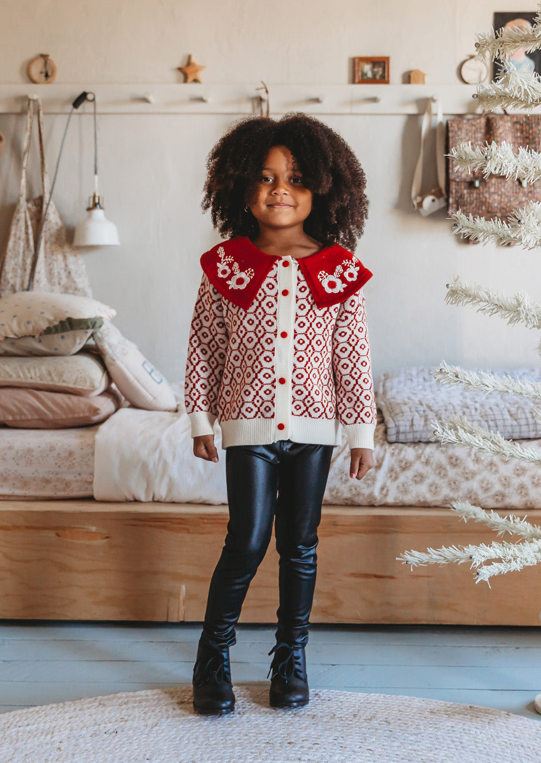 Print Collared Cardigan | Red