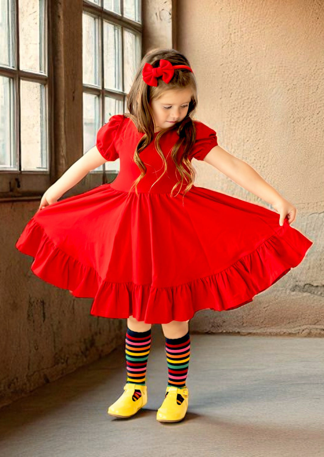 Puff Sleeve Twirl Dress | Red