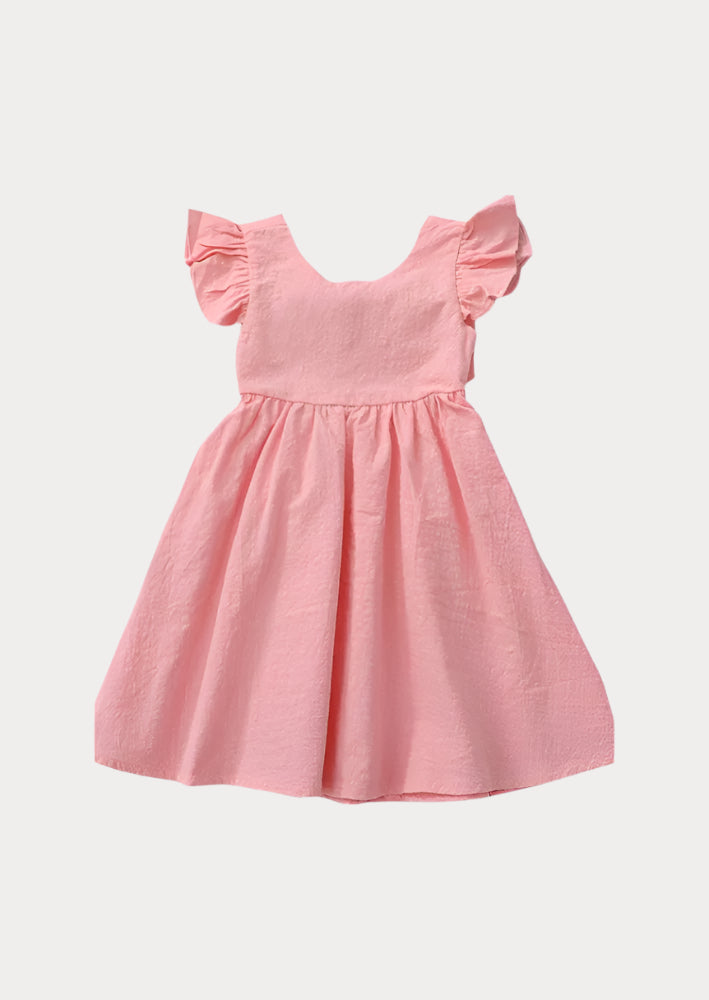 Kids Girls Pink Linen Dress – Ruffle Sleeve & Tie Back