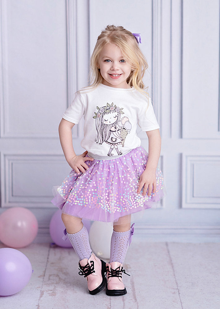 kids Lavender Flower Sprinkles Tutu Skirt Purple with graphic tee shirt