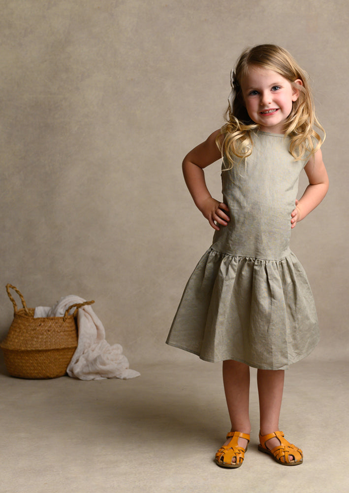 Girls Taupe Linen Ruffle Dress
