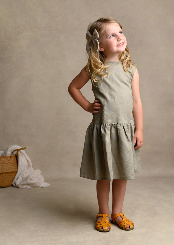 Girls Taupe Linen Ruffle Dress