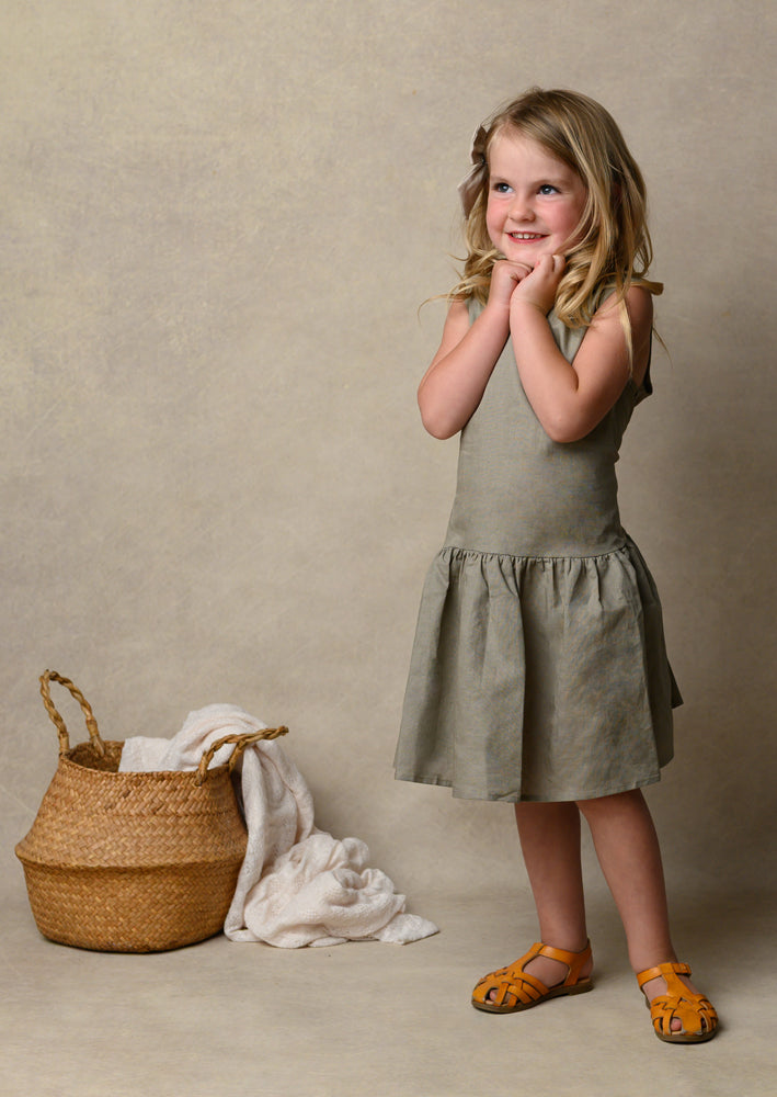 Girls Taupe Linen Ruffle Dress