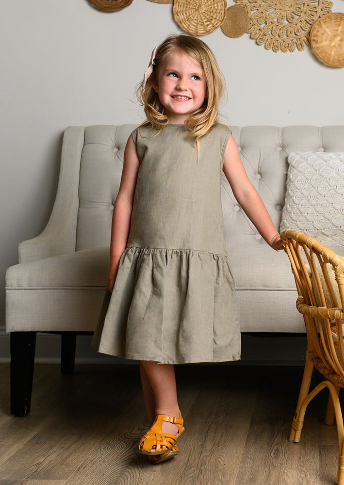 Girls Taupe Linen Ruffle Dress
