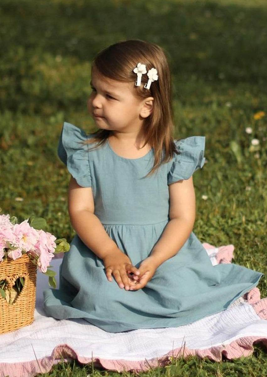 Toddler & Girls Blue Linen Dress – Ruffle Sleeve & Tie Back