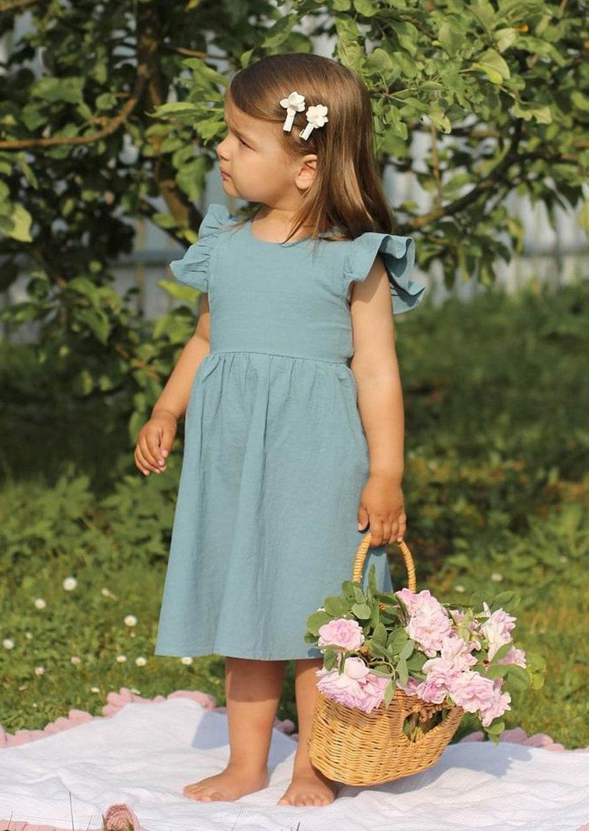 Toddler & Girls Blue Linen Dress – Ruffle Sleeve & Tie Back