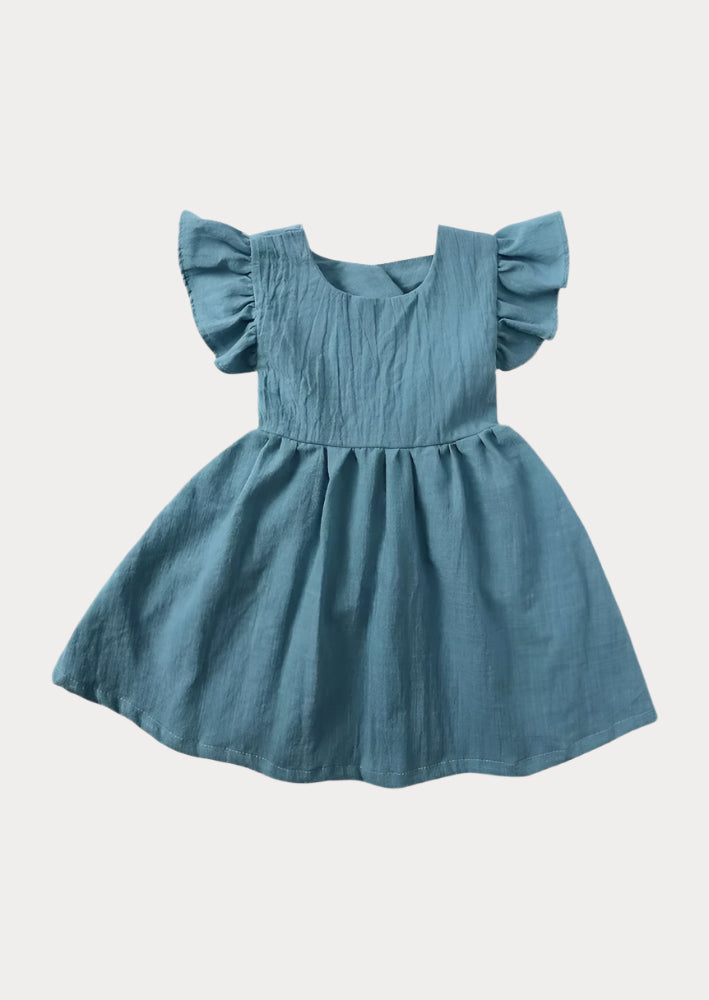 Toddler & Girls Blue Linen Dress – Ruffle Sleeve & Tie Back